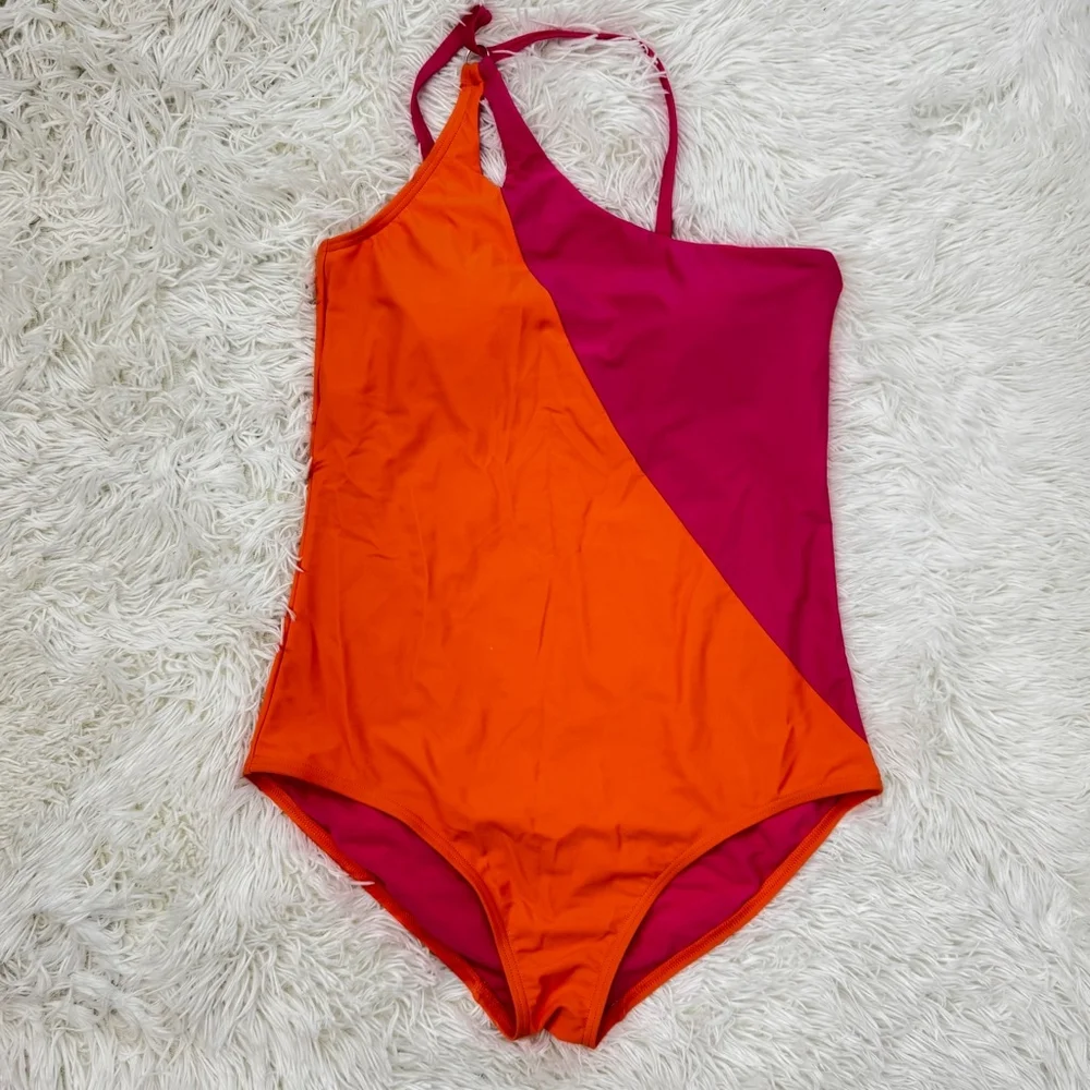 Lands' End One Piece Womens L Orange UPF 50 One Shoulder Tummy Control Swimsuit
